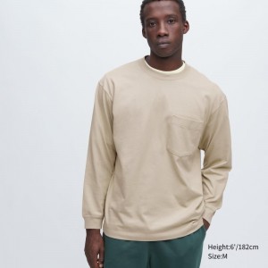 Men Uniqlo Washed Cotton Crew Neck Long-sleeve T Shirts Beige | 2779842