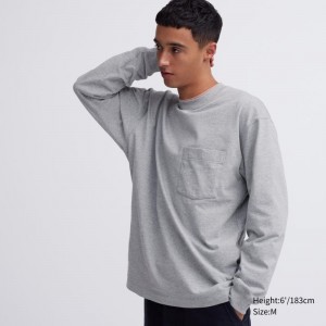 Men Uniqlo Washed Cotton Crew Neck Long-sleeve T Shirts Grey | 5708686
