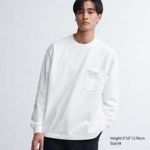 Men Uniqlo Washed Cotton Crew Neck Long-sleeve T Shirts White | 8507868