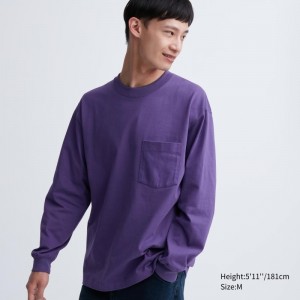 Men Uniqlo Washed Cotton Crew Neck Long-sleeve T Shirts Purple | 5698682