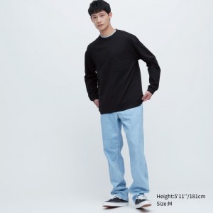Men Uniqlo Washed Cotton Crew Neck Long-sleeve T Shirts Black | 1382393