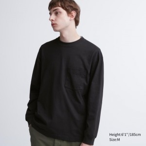 Men Uniqlo Washed Cotton Crew Neck Long-sleeve T Shirts Black | 7436516