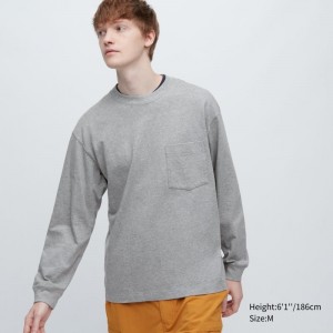 Men Uniqlo Washed Cotton Crew Neck Long-sleeve T Shirts Grey | 5505762