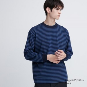 Men Uniqlo Washed Cotton Oversized Crew Neck Long-sleeve Striped T Shirts Navy | 5184778
