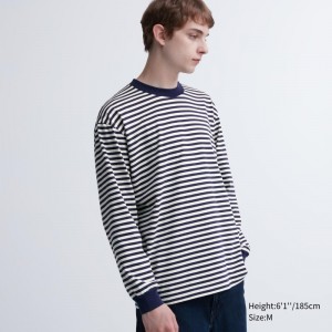 Men Uniqlo Washed Cotton Oversized Crew Neck Long-sleeve Striped T Shirts White | 9992192