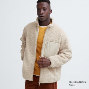 Men Uniqlo Windproof Outer Fleece Jackets Beige | 7244591