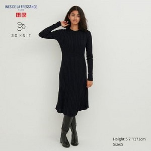 Women Uniqlo 3D Knit Ribbed Crew Neck Long-Sleeve Dress Black | 4555555