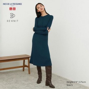 Women Uniqlo 3D Knit Ribbed Crew Neck Long-Sleeve Dress Green | 2854207