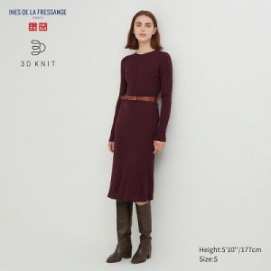Women Uniqlo 3D Knit Ribbed Crew Neck Long-Sleeve Dress Burgundy | 4164588
