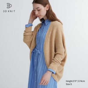 Women Uniqlo 3D Knit Souffle Yarn Long-Sleeve Cardigan Beige | 7591841