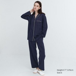 Women Uniqlo AIRism Cotton Long-Sleeve Pajamas Navy | 2593505