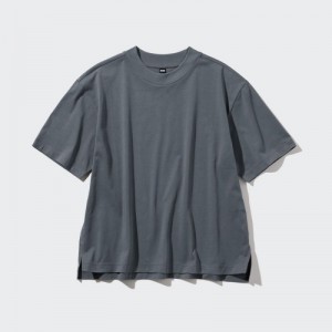 Women Uniqlo AIRism Cotton Short Sleeve T Shirts Grey | 183111