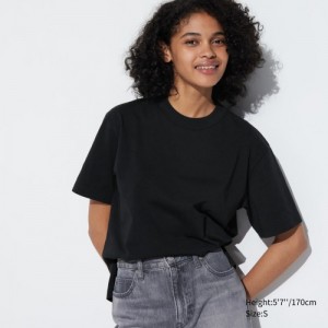Women Uniqlo AIRism Cotton Short Sleeve T Shirts Black | 1927414