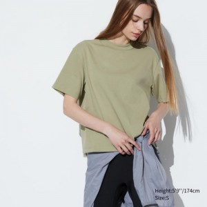Women Uniqlo AIRism Cotton Short Sleeve T Shirts Green | 5918799