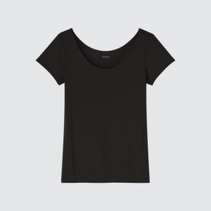 Women Uniqlo AIRism Scoop Neck Short-Sleeve T Shirts Black | 257596