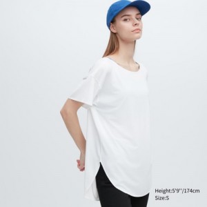 Women Uniqlo AIRism Seamless Boat Neck Short-Sleeve Long T Shirts White | 3529099