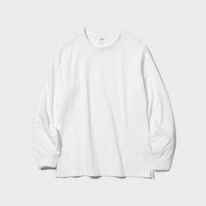 Women Uniqlo Airism Cotton Uv Protection Crew Neck Long-sleeve T Shirts White | 7551162