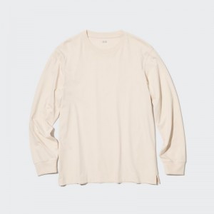 Women Uniqlo Airism Cotton Uv Protection Crew Neck Long-sleeve T Shirts Beige | 3058925
