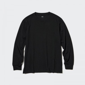 Women Uniqlo Airism Cotton Uv Protection Crew Neck Long-sleeve T Shirts Black | 7814486