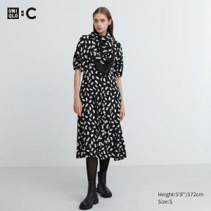 Women Uniqlo Balloon Sleeve Short-Sleeve Dress Black | 4493056