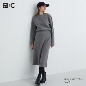 Women Uniqlo Boat Neck Long-Sleeve Knit Dress Grey | 3825821