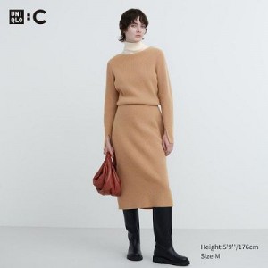 Women Uniqlo Boat Neck Long-Sleeve Knit Dress Beige | 3785648