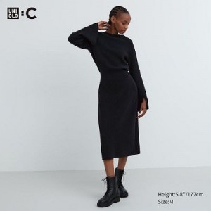 Women Uniqlo Boat Neck Long-Sleeve Knit Dress Black | 3476009