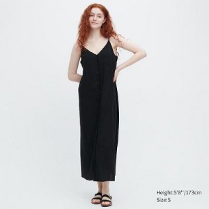 Women Uniqlo Button Down Camisole Flare Dress Black | 5063196