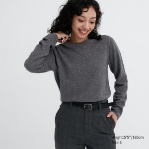 Women Uniqlo Cashmere Crew Neck Long-sleeve Sweaters Grey | 9184248