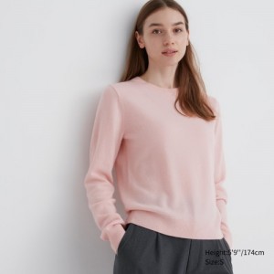 Women Uniqlo Cashmere Crew Neck Long-sleeve Sweaters Pink | 1446804