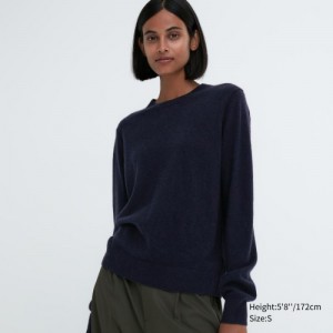 Women Uniqlo Cashmere Crew Neck Long-sleeve Sweaters Navy | 6897988