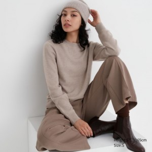 Women Uniqlo Cashmere Crew Neck Long-sleeve Sweaters Beige | 7677855