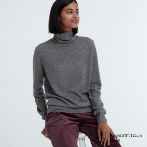 Women Uniqlo Cashmere Turtleneck Sweaters Grey | 3254478