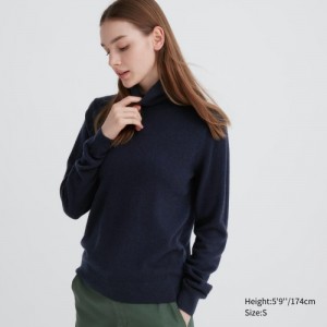 Women Uniqlo Cashmere Turtleneck Sweaters Navy | 6706238