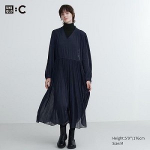 Women Uniqlo Chiffon Pleated Long-Sleeve Dress Navy | 7853684