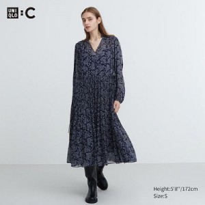Women Uniqlo Chiffon Pleated Long-Sleeve Dress Blue | 3970204