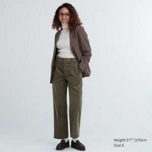Women Uniqlo Corduroy Wide-Fit Pleated Pants Olive | 9929212
