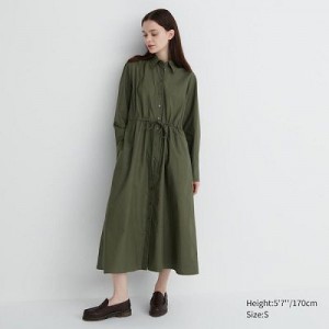 Women Uniqlo Cotton Long-Sleeve Dress Green | 2799760