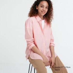 Women Uniqlo Cotton Long-Sleeve Shirts Pink | 5803163
