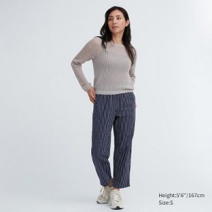 Women Uniqlo Cotton Striped Relaxed Ankle Pants Navy | 5145674