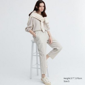 Women Uniqlo Cotton Striped Relaxed Ankle Pants White | 9544031