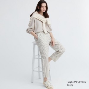 Women Uniqlo Cotton Striped Relaxed Ankle Pants White | 5529419