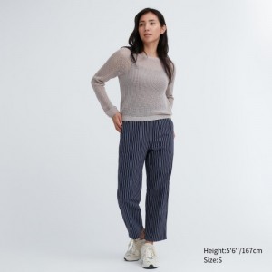 Women Uniqlo Cotton Striped Relaxed Ankle Pants Navy | 726728