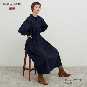 Women Uniqlo Cotton Twill Volume Sleeve Long Dress Navy | 1324574