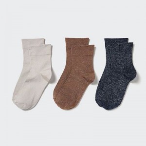 Women Uniqlo Crew Glitter (3 Pairs) Socks Beige | 5071922