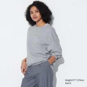 Women Uniqlo Crew Neck Long-Sleeve Sweatshirts Grey | 4895749