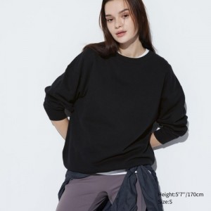 Women Uniqlo Crew Neck Long-Sleeve Sweatshirts Black | 5907358