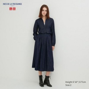 Women Uniqlo Denim Gather Skirts Navy | 9995599