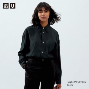 Women Uniqlo Draped Long-Sleeve Shirts Black | 1965760