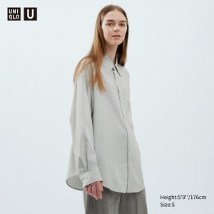 Women Uniqlo Draped Long-Sleeve Shirts Grey | 6429042